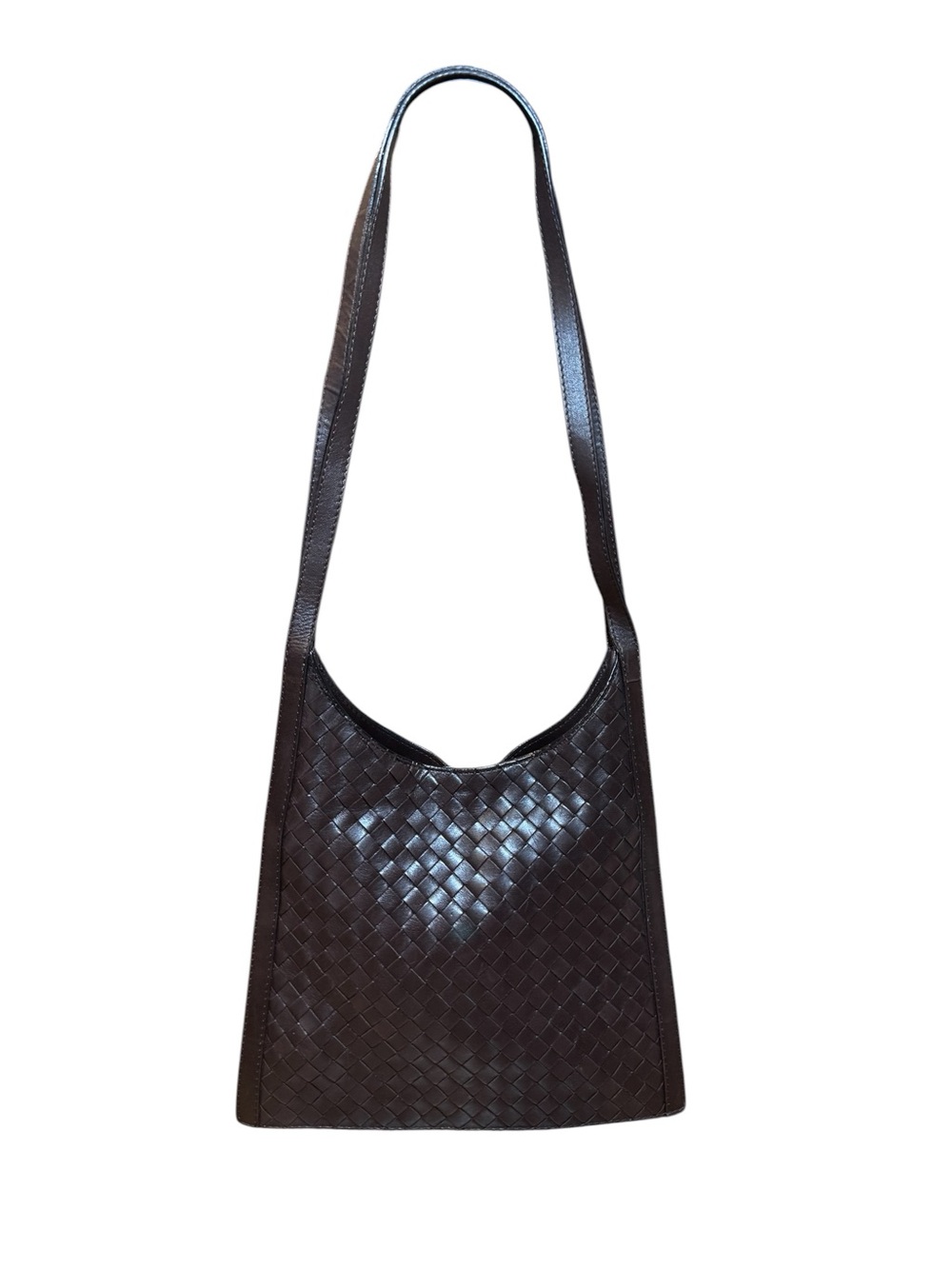 Auth Bottega Veneta Vintage Intrecciato Brown Leather Trapezoid Shoulder Bag